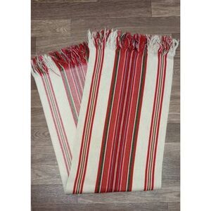 Vintage woven table runner red cream and green long